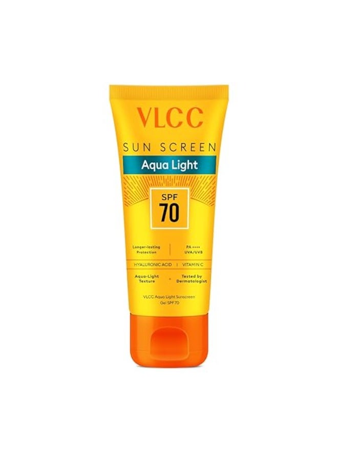 فى ال سي سي جل واقي من الشمس VLCC Aqua Light بعامل حماية SPF 70 PA++++ | حماية فائقة من الأشعة فوق البنفسجية لجميع أنواع البشرة | لا يترك طبقة بيضاء | غير دهني، سريع الامتصاص | حمض الهيالورونيك وفيتامين سي | مقاوم للعرق والرطوبة - 100 غرام - Image 1